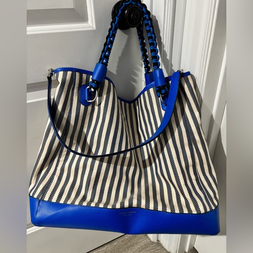 🍎🍎SOLD🍎🍎Henri Bendel Blue Stripe Canvas Tote w/ Leather Trim